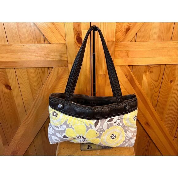 Thirty One Convertible Handbag Purse Yellow And Gray Floral - Picture 1 of 8